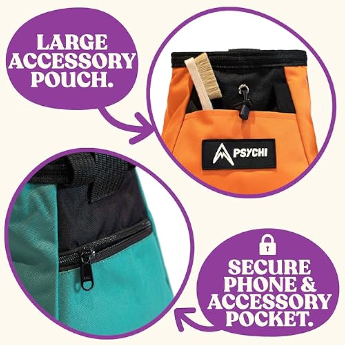 Psychi OG Climbing Chalk Bag Bucket Bundle - Starter Pack for Rock Climbing, Gym, Weightlifting - 7 Fun Colour Options - Includes Chalk Bucket, Loose Climbing Chalk & Bouldering Brush