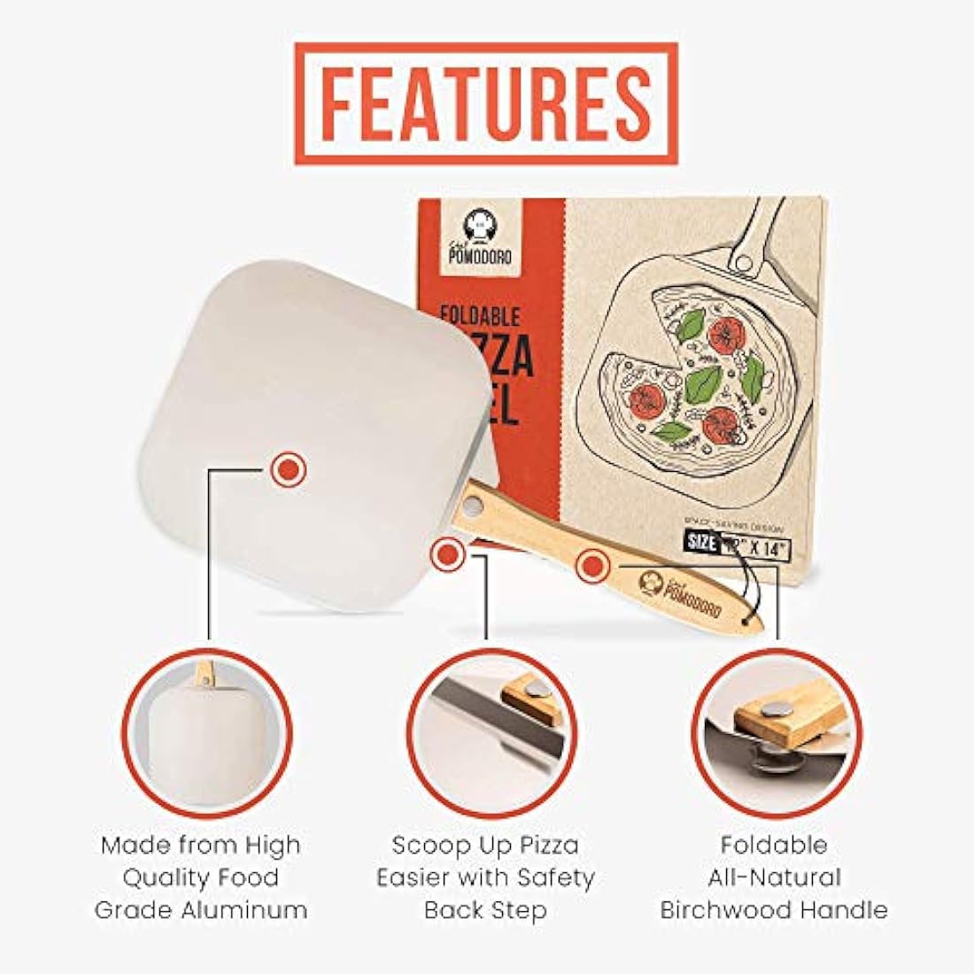 Chef Pomodoro Pizza Peel, Pizza Paddle with Safety Backstep and Foldable Wood Handle for Easy Storage, Metal Pizza Peel for Baking Homemade Pizza (30.5 x 35.6 cm + 35.5 Cutter)