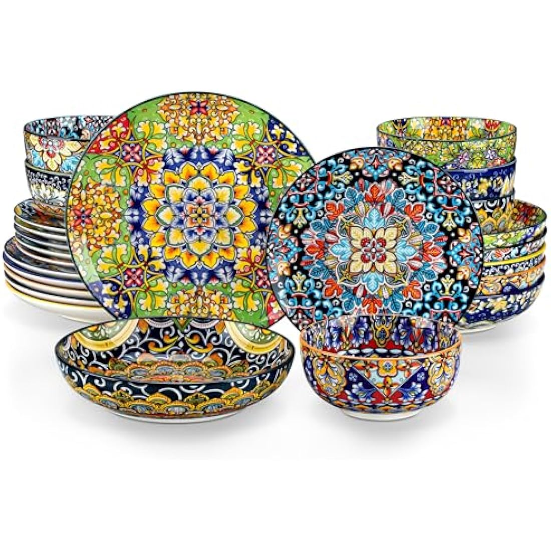 vancasso SIMI Dinner Set- 24 Pieces for 6 People, Porcelain Plates and Bowls Set, Bohemian Style Dinnerware Sets, Scratch Resistant Dinner Service Set, Dishwasher and Microwave Safe