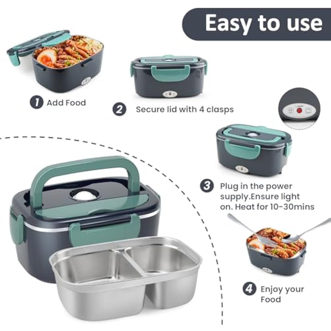 BYbrutek Electric Lunch Box 100W, 1.5L Removable Stainless Steel, 3-in-1 Portable Heated Lunch Box, 12V/24V/220V Insulated Heat Box for Car/Truck/Office/Home (Blue, 1.5L)
