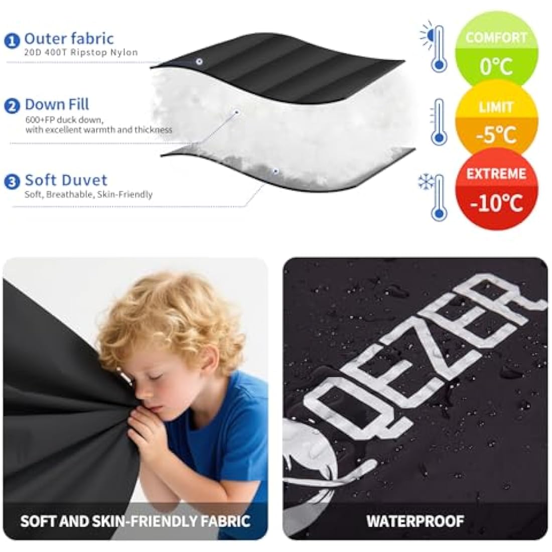 QEZER Down Sleeping Bag 4 Season, Lightweight Winter Sleeping Bag 0 Degree to -12 Degree C for Adults and Kid Camping, Hiking and Backpacking Outdoor Filled 600+FP Down