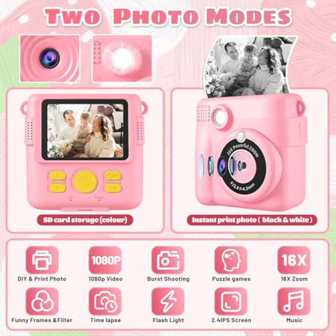 Kids Instant Print Camera, 1080P HD Digital Camera with 32G TF Card & Color Pen, Portable Toy Birthday Gift for 3-10 Year Old Girls