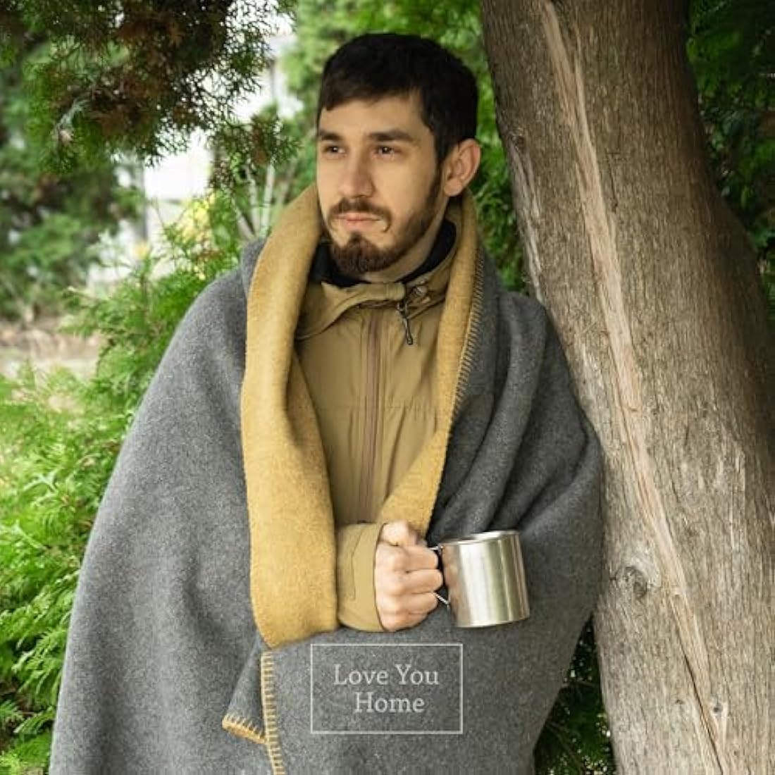 LYHome Travel Blanket - Extra Warm Picnic Throw, Bed Camping Outdoor Wool Blankets, Cozy Soft Throws, Military Army and Garden Outside Use (51x67 in | 130x170 cm | Mustard - Gray Double-sided)