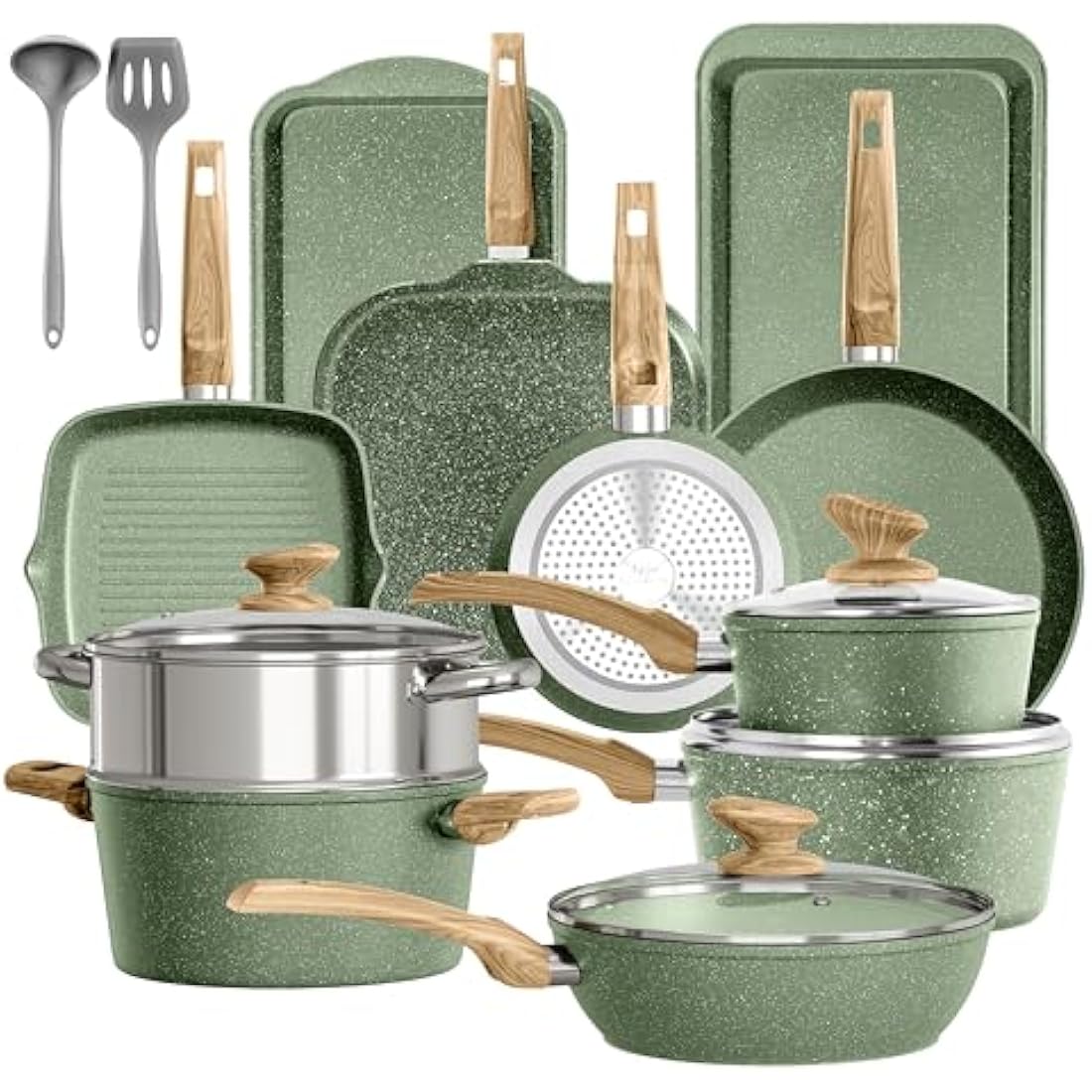 Kitchen Academy 17 Piece Non-Stick Pots and Pans Set, Induction Pan Set, Granite Non-Stick Saucepan Set, Green