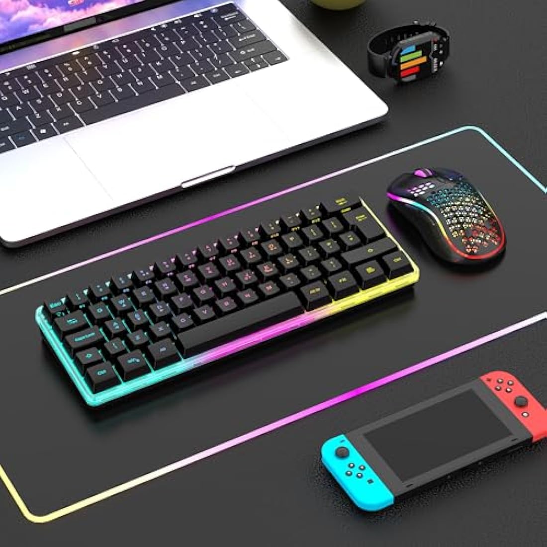 RedThunder K62 Wireless 60% RGB Gaming Keyboard and Mouse Combo, UK Layout 62 Keys Ultra Compact Backlit Mini Keyboard, Lightweight Cellular Optical Mouse, Portable Set for PC PS5 Xbox Gamers (Black)