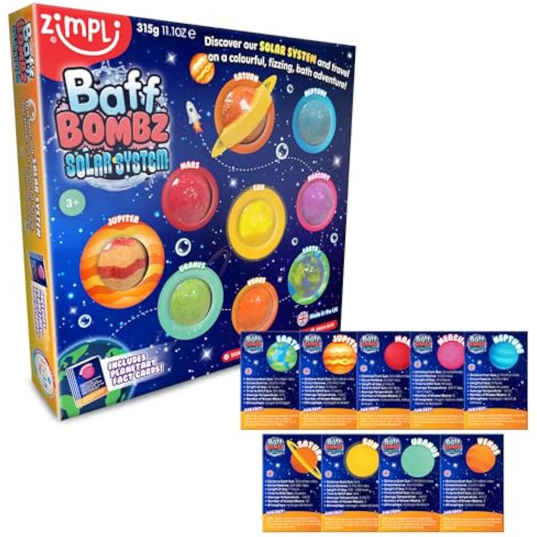 Zimpli Kids - 9 x Solar System Bath Bombs Gift Set, 9 x Planetary Fact Cards, Educational Planet Bath Bombs for Children, Science Kits for Boys & Girls, Bath Toy Xmas Presents, Gifts for Boys & Girls