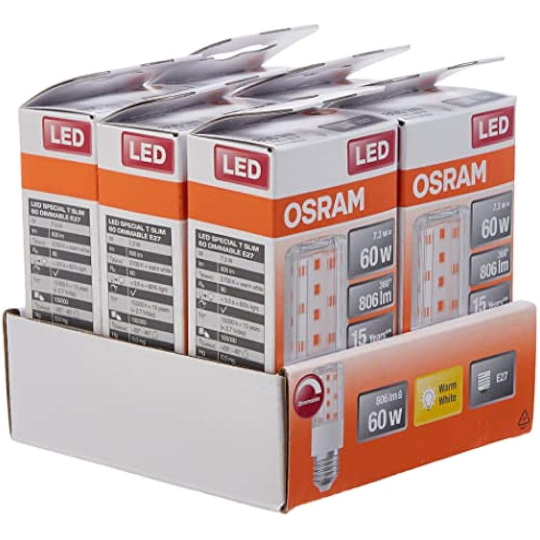 OSRAM LED Superstar Special T SLIM, Dimmable slim LED special lamp, E27 base, Warm white (2700K), replacement for conventional 60W lamp, 6-pack