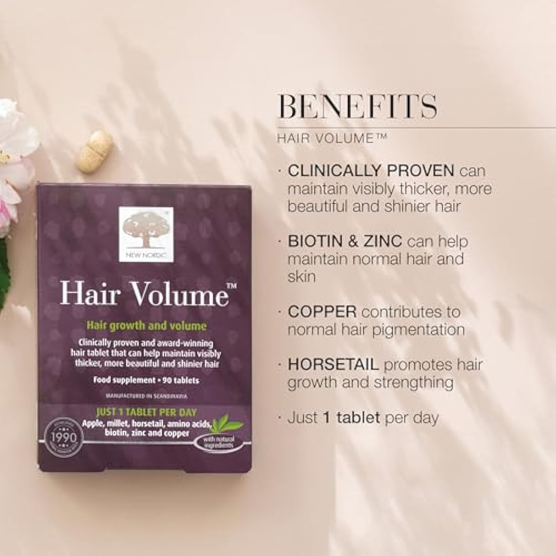 New Nordic Hair Volume 90 Tablets - Clinically Proven Hair Growth Vitamins - Biotin, Zinc & Apple - Visibly Thicker & Shiny Hair - for Women & Men