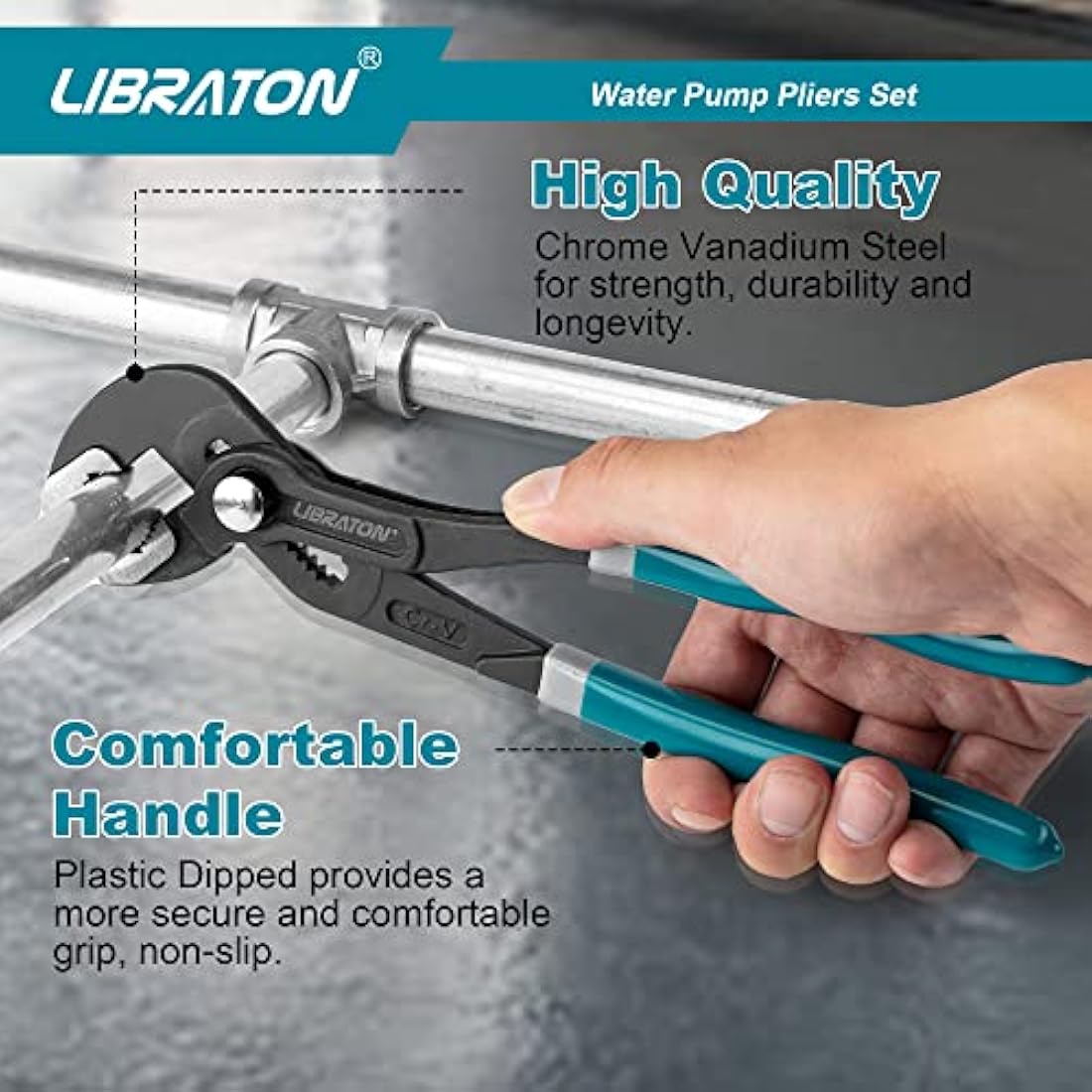 Libraton CR-V Steel Plumbing Pliers Set - Groove Joint & V-Jaw Tongue & Groove Pliers, Pipe Grips, Ratcheting Push Button Adjustment, 3PCS