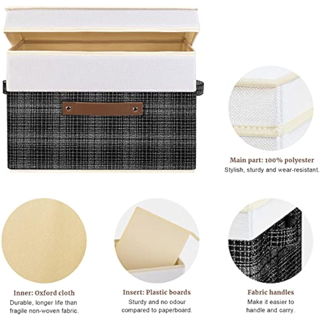 TYEERS Collapsible Storage Box with Lid, Patchwork Design, Decorative, Fabric Storage Box for Clothes, Wardrobe Storage, 38x25x25 cm, Set of 5, Black