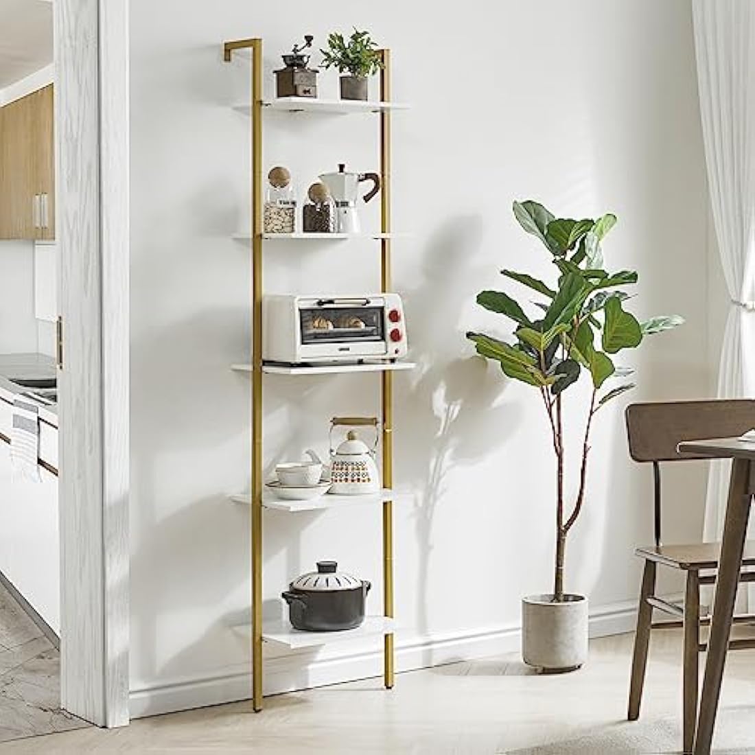 YMYNY Bookshelf Wall Mounted, Ladder Shelf, 5-Tier Bookcase Rack, Storage Unit with Metal Frame, Industrial Floating Wall Shelf for Living Room, Kitchen, Office, 40×30×178CM White HBC015W