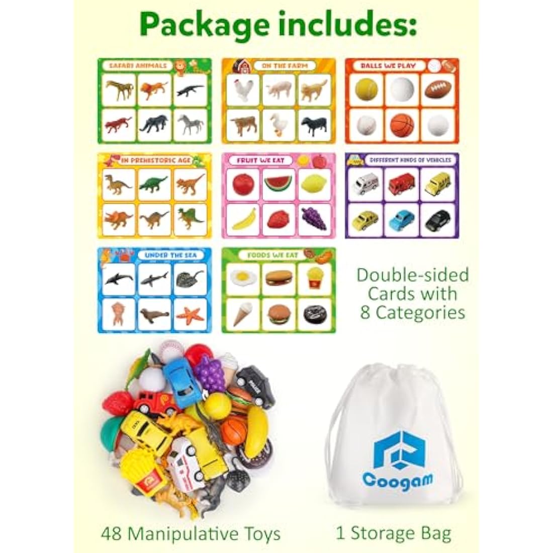 Coogam Sorting Toy for Toddlers, Animals Dinosaurs Fruits Vehicles Foods Fishes Balls Farm Playset, Fine Motor Game Preschool Educational Learning Gift for 2 3 4 Year old