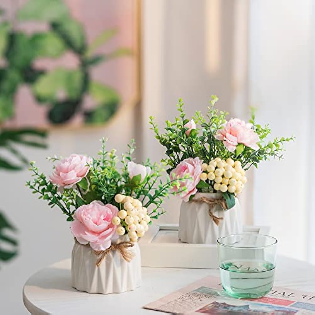 BLOSMON Artificial Flowers and Vase Decoration Fake Flower in Vases 2PCS Pink Plastic Rose Arrangements Table Floral Centrepieces Ornaments Plant Bouquet for Wedding Room Window Garden Party Display