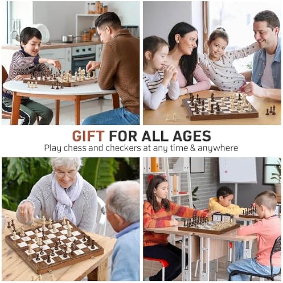 Sarr Klith Chess Set and Checkers 2IN1, 16" Wooden Magnetic Chess Board for Adults Kids, Foldable Travel Chess Set with 2 Extral Queen, Chess Gift Toys for Boys Girls