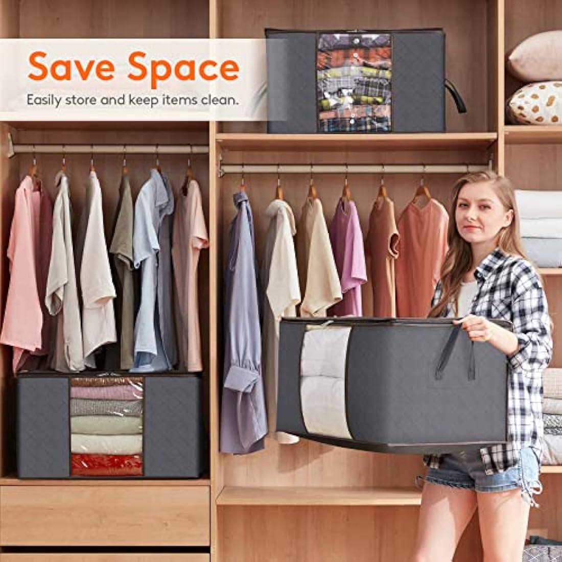 Lifewit 95L Clothes Storage Bags Large Storage Box With Lid Packing Boxes for Moving House With Reinforced Handle Thick Fabric Clear Window for Clothes Duvet Blankets Bedding, 8 Pack, Grey
