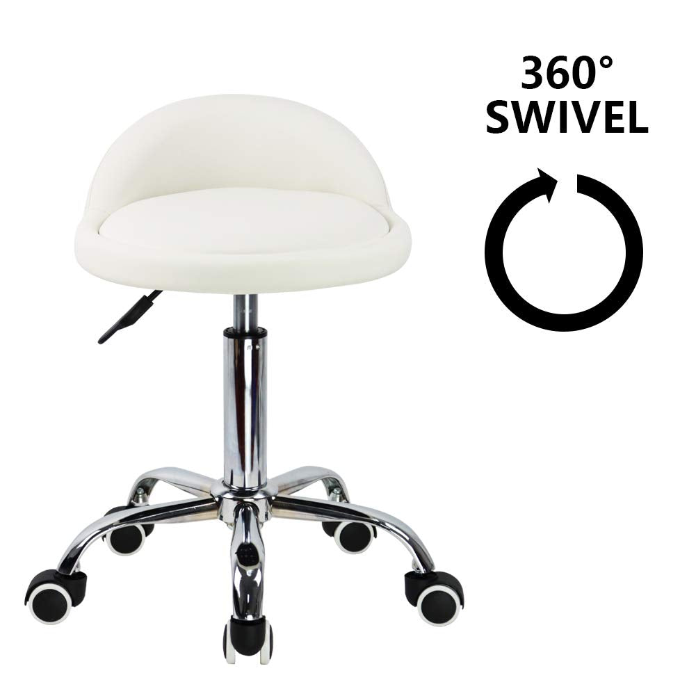 KKTONER PU Leather Round Rolling Stool with Back Rest Height Adjustable Swivel Drafting Work SPA Task Chair with Wheels (White)
