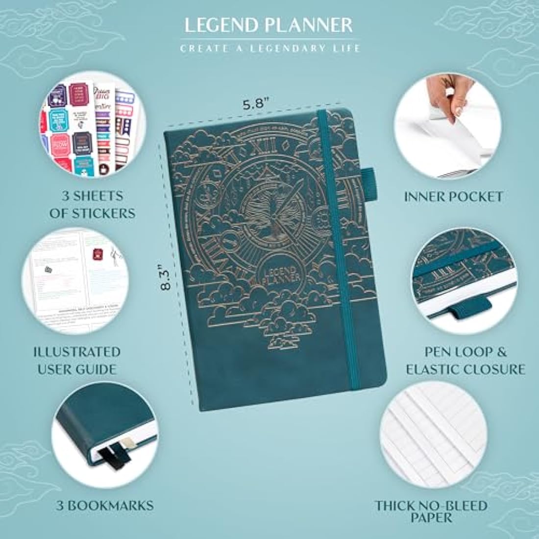 Legend Planner Hourly Schedule – Weekly & Daily Organizer with Time Slots. Appointment Book Journal for Work, Undated, A5 (Dark Teal)