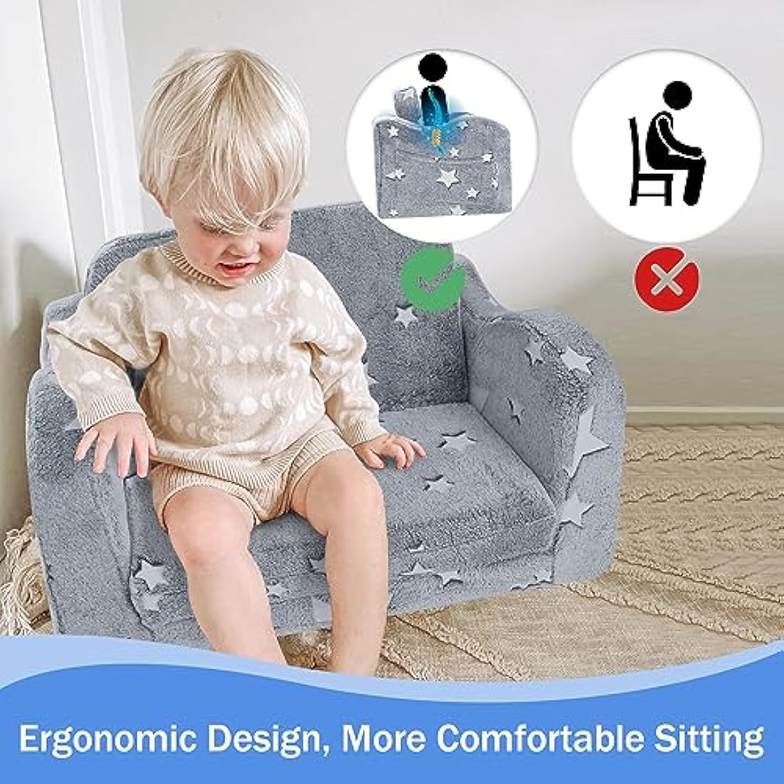MeMoreCool Kids Couch Sofa, Folding Toddler Chair Bed, Soft Plush Fold Out Kids Armchair Floor Mini Sofa Glow in The Dark, Comfy Baby Recliner for Girls Boys, Grey