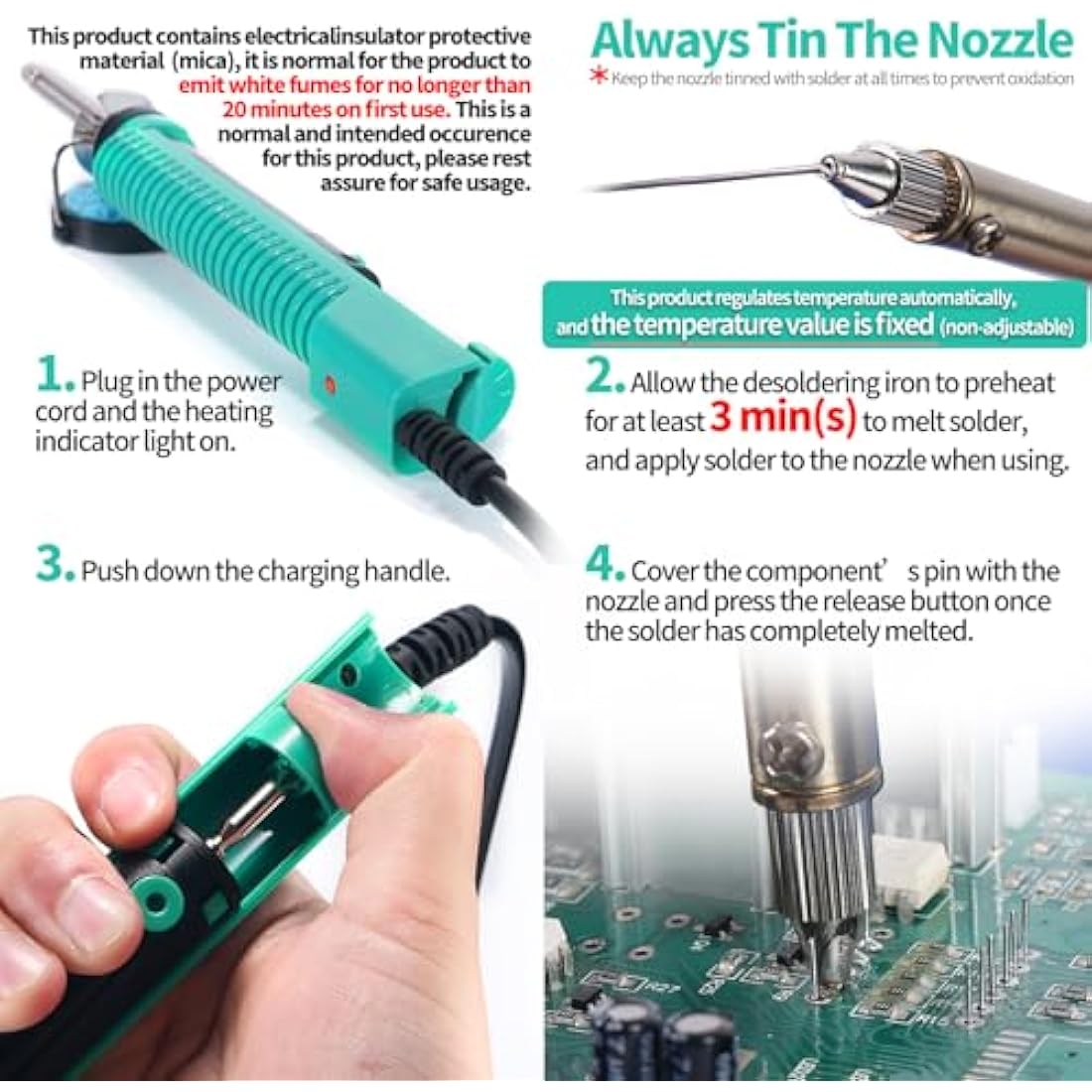 YIHUA 929D-V Electric Vacuum Desoldering Iron Soldering Iron Kit Solder Sucker Desoldering Pump with Shorter Charging Handle and Desoldering Nozzles 1.0mm 1.2mm for Through-Hole Desoldering(UK Plug)