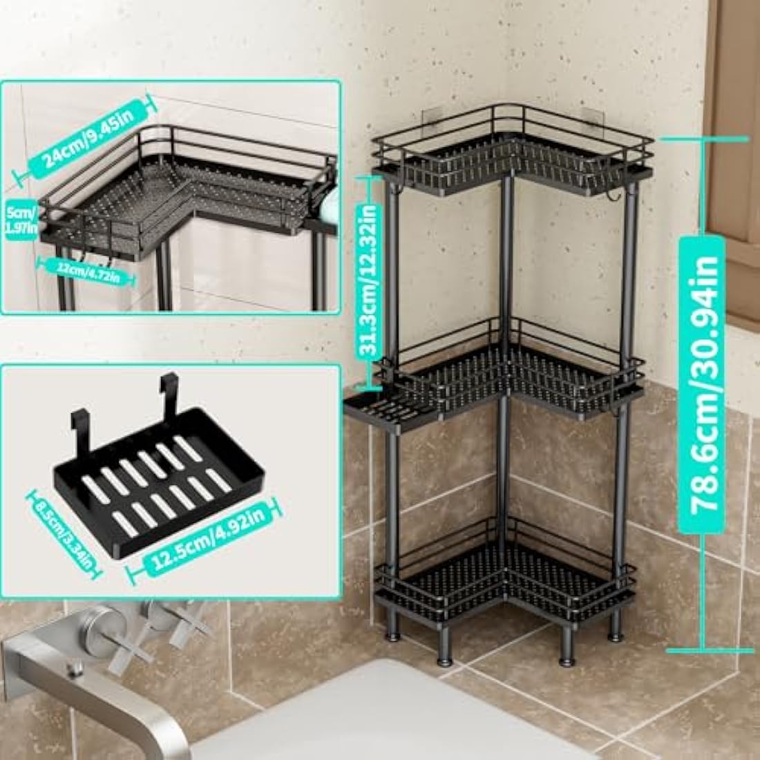 HapiRm Freestanding Shower Caddy Corner - 3 Tier Shower Storage with Soap Holder, Stainless Steel Corner Bathroom Storage with 4 Hooks for Shampoo, Tall Floor Bathroom Caddy Freestanding
