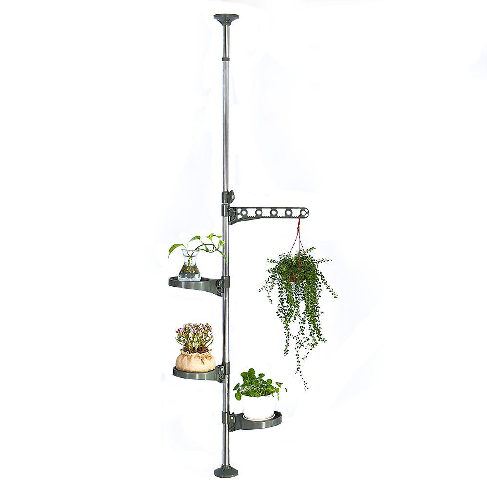 BAOYOUNI Indoor Plant Pole Stand Tension Rod Adjustable Flower Display Rack Spring Loaded Floral Hanger Storage Shelf with 3 Trays & 1 Arm for