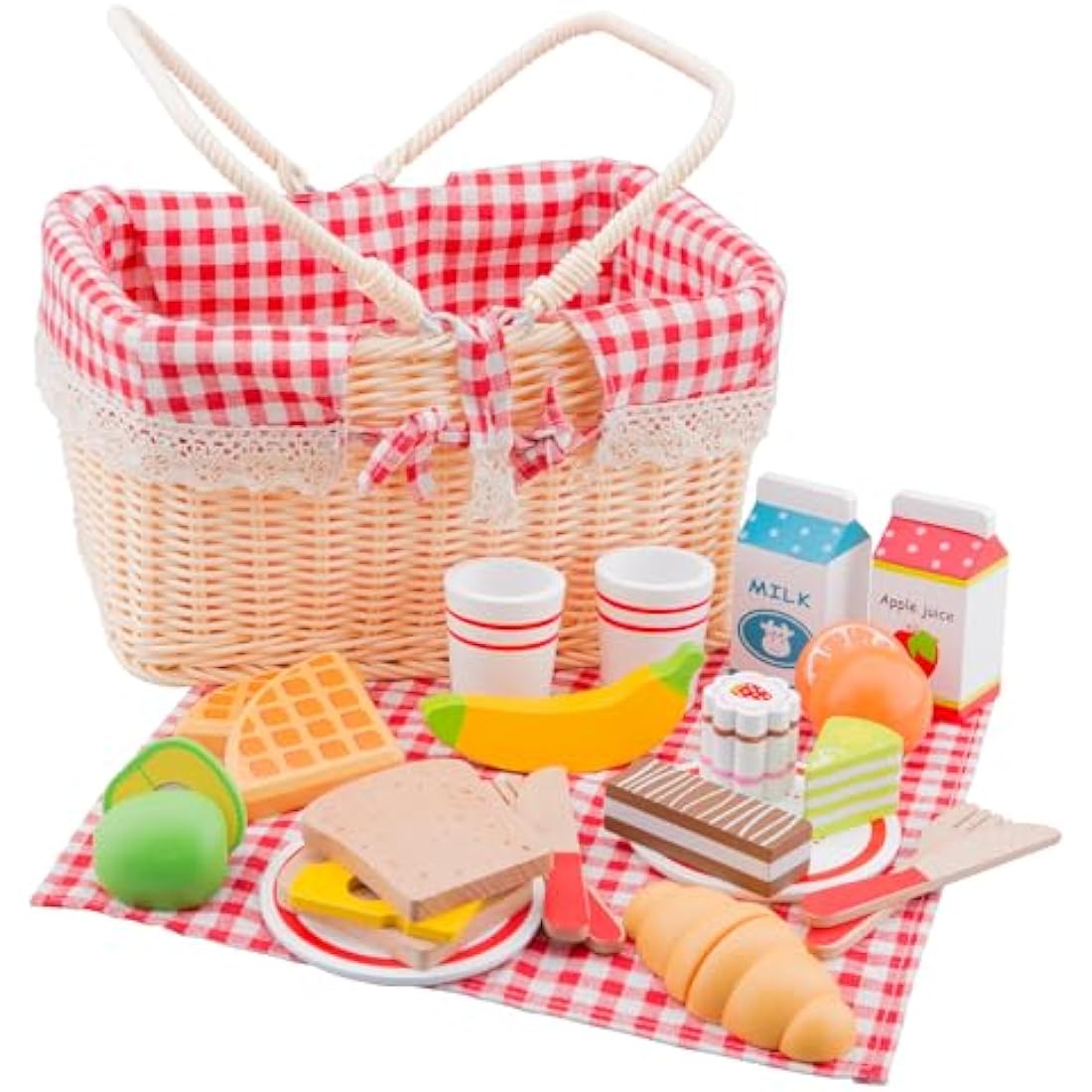 New Classic Toys - Wooden Picnic Basket with Pretend Food and Accessories - Montessori Toys, Wooden Food - Traditional Picnic Basket with Picnic Accessories - 1 Set, Black