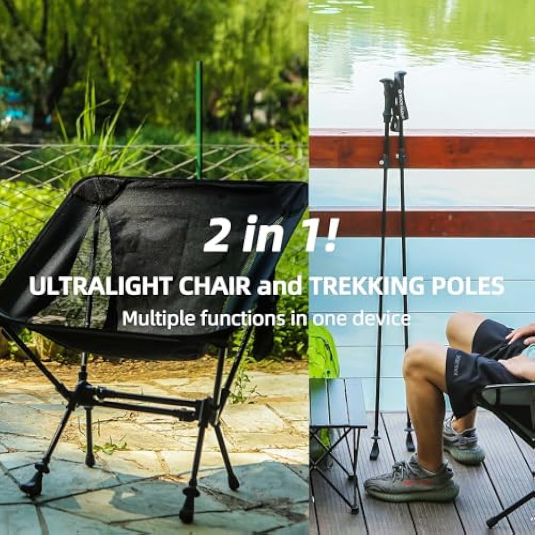 ROCK CLOUD Portable Camping Chair Ultralight Folding Chairs and Trekking Pole 2 in 1 for Outdoor Camp Hiking Backpacking Lawn Beach Sports