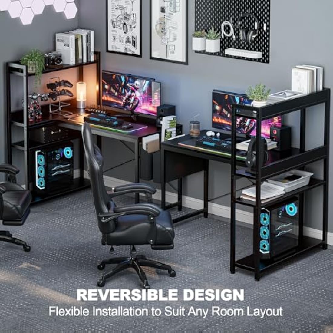 Grandder 100x80 cm L Shaped Gaming Desk with Reversible Storage Shelves, Computer Desk Home Office Corner Study Writing Table with Hutch, Study, Black