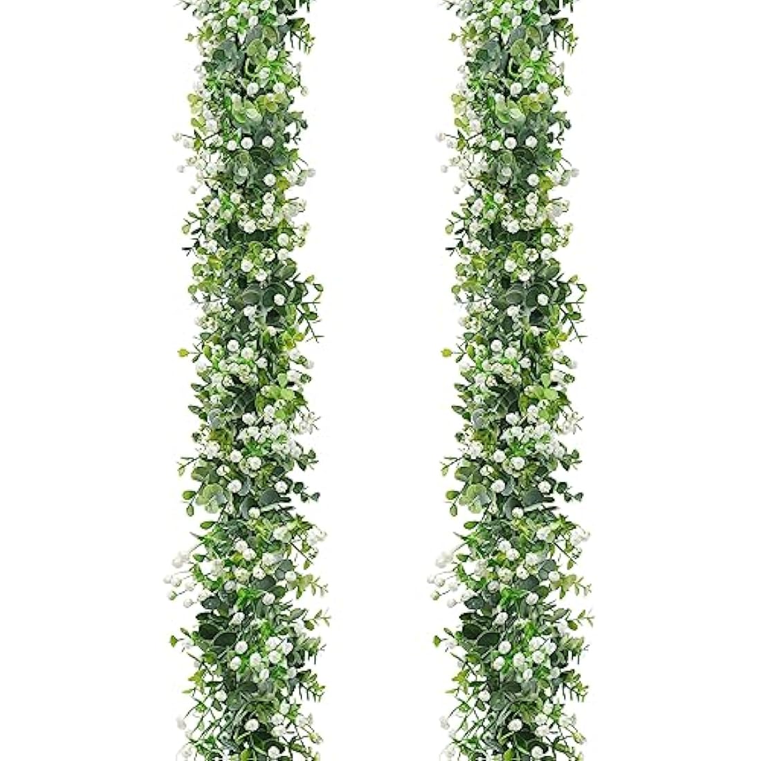 LOMOHOO 2PCS 12FT Artificial Eucalyptus Garland With White Flowers, Fake Leaves Green Garland Artificial Foliage Garland, Greenery Garlands for Home Decoration Wedding Backdrop Table Arch Wall Decor
