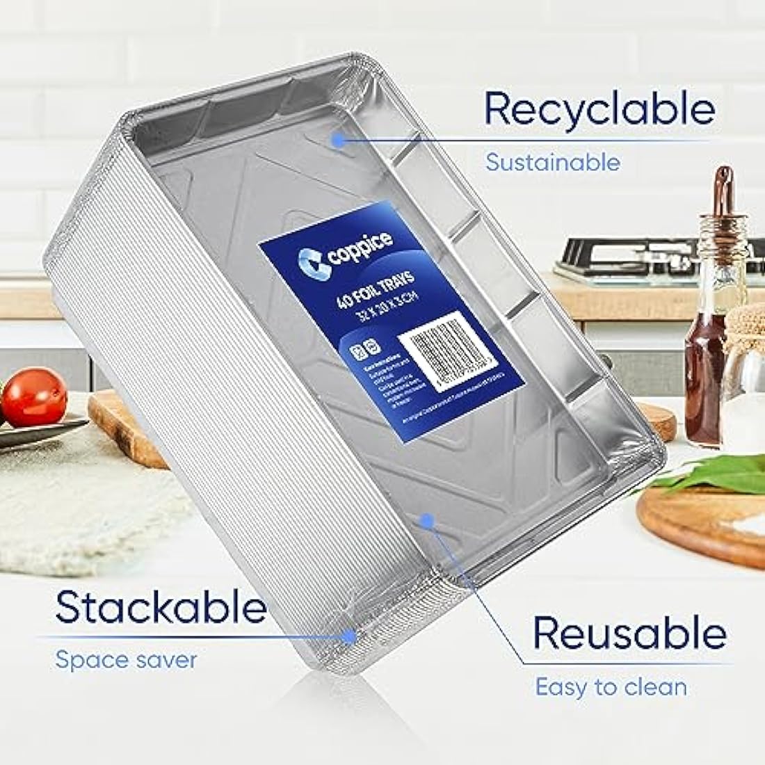 Coppice Aluminium Foil Tray for Baking, BBQ, Roasting, Grilling & Food Storage | 32cm x 20cm x 3cm | Freezer, Microwave, Air Fryer & Oven Safe (40 Trays)