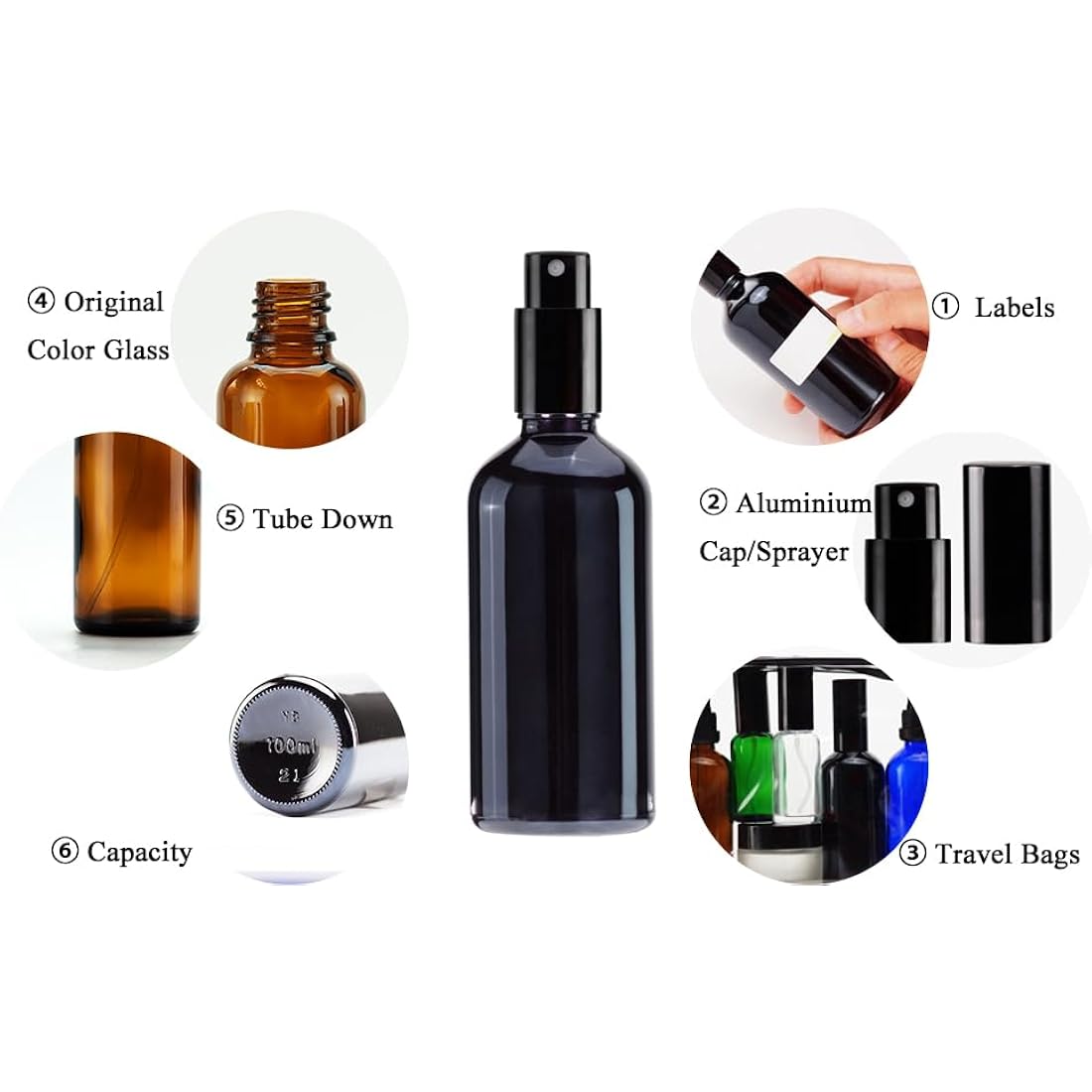 Yizhao 100ml Black Glass Spray Bottle for Essential Oils, Small Empty Fine Mist Spray Bottle, for Cleaning, Aromatherapy, Cosmetic Sprays, Hair –4 Pcs