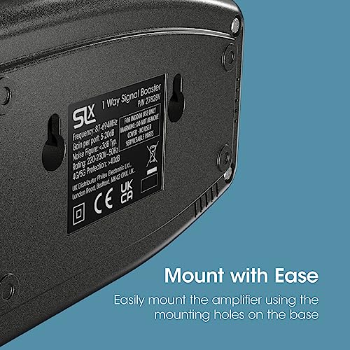 SLx TV Signal Booster Aerial Amplifier, 1 Way Signal Distribution Amplifier with Coax Connections, 4G & 5G Filtering, Indoor TV Aerial, HD & 4K TV/FM/DAB & Freeview, Variable Gain Control
