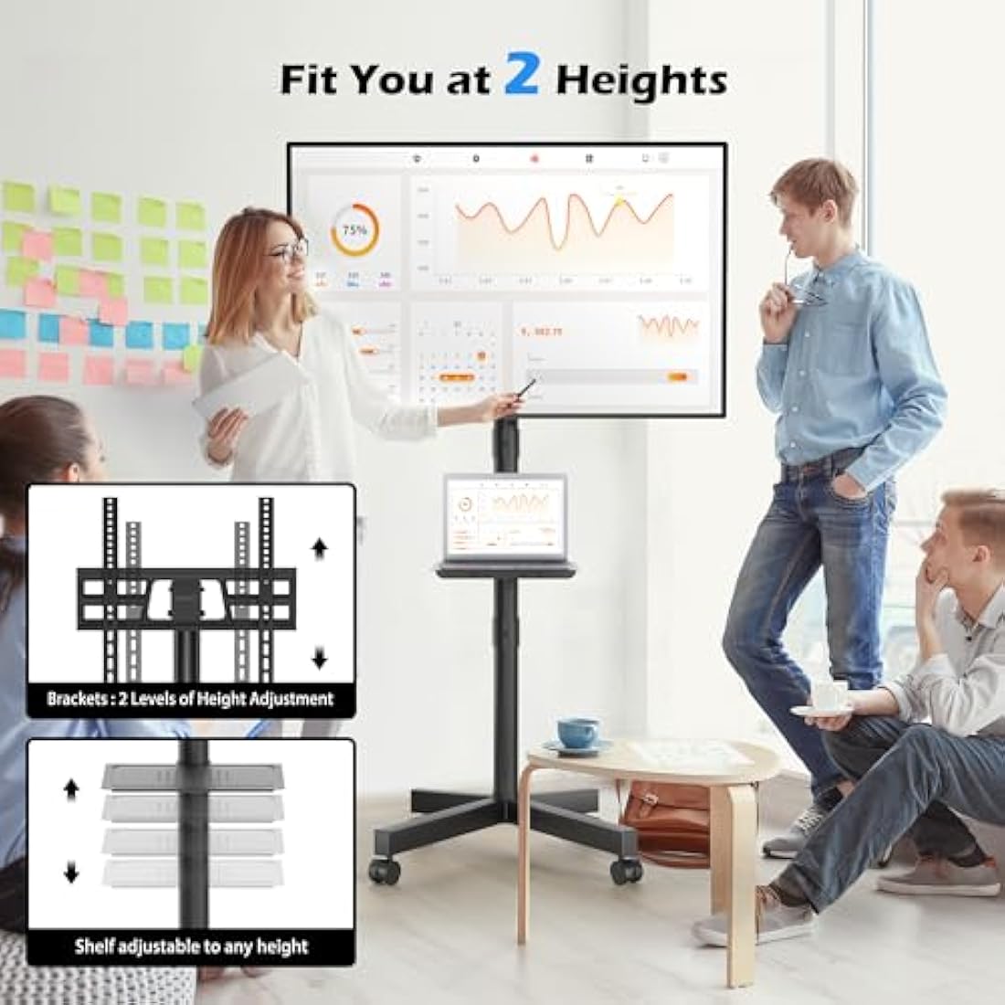 BONTEC Mobile TV Stand on Wheels, Rolling TV Cart with Media Shelf, TV Mount Stand with Tilt, 2-Level Height Adjustable Low-Profile Design for 23–60in LED/LCD/OLED TVs, Holds 25kg, Max VESA 400x400mm