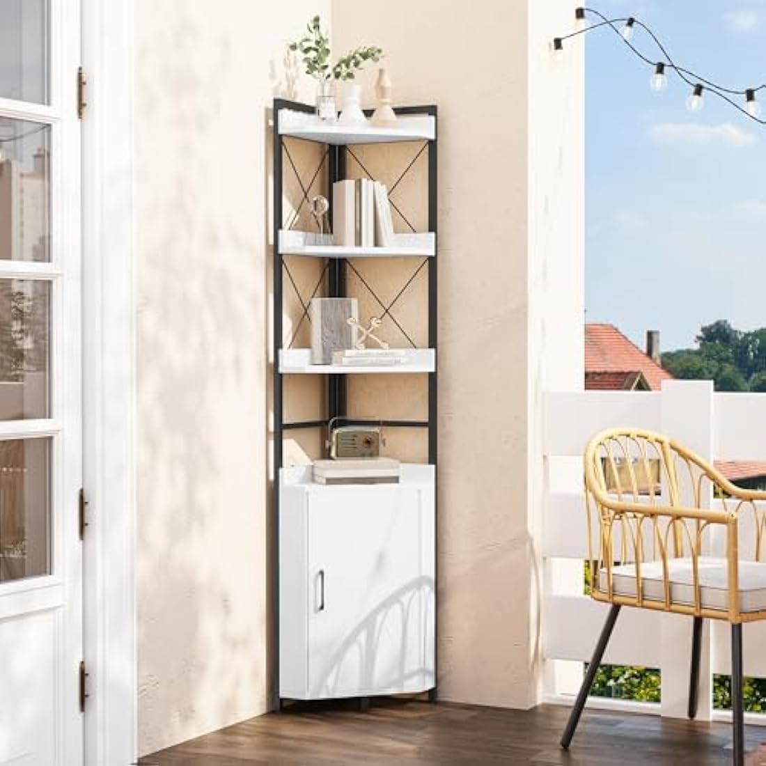 YITAHOME Corner Shelf 4 Tiers, Industrial Bookshelf with Cabinet Floorstanding Bookcase Wooden Storage Rack Shelving Units for Living Room, Home Office, Hallway, White Book shelves