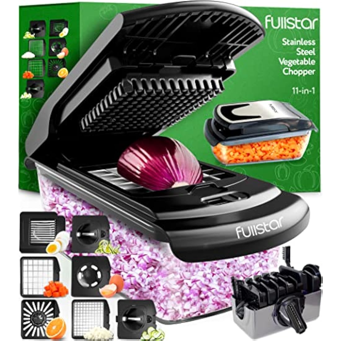 Vegetable Chopper Vegetable Cutter - Veggie Onion Salad Food Chopper Manual - Potato Chipper - Veg Chopper and Dicer - Kitchen Tools & Gadgets (7-in-1 Stainless Steel Black)