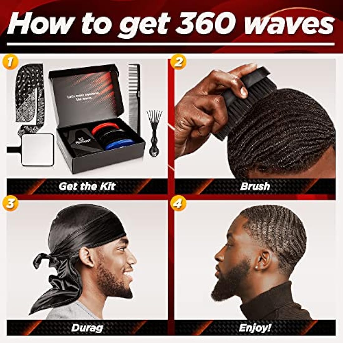 Roman-T 8-in-1 360 Wave Brush Kit - Grooming Kit for 360 Waves - 3 Wave Brushes, Soft, Medium & Hard - 2 Silky Satin Durag - Black & Black Paisley, Hand Mirror, Comb, Hair Brush Cleaner - Gift Set