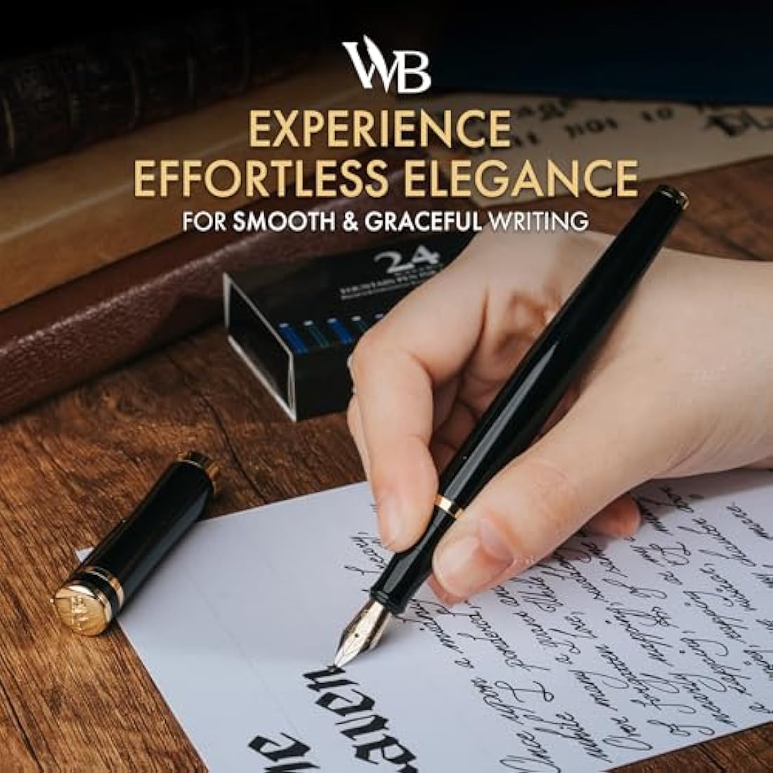 Wordsworth & Black Fountain Pen Set, 18K Gilded Bent Nib, Includes 24 Pack Ink Cartridges, Ink Refill Converter & Gift Box, Gold Finish, Calligraphy, [Black Gold], Perfect for Men & Women