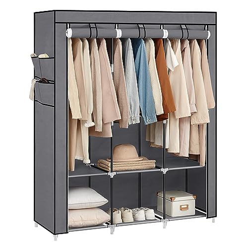 SONGMICS Clothes Wardrobe, Portable Closet with Cover, 130 x 45 x 167 cm, 3 Hanging Rails, Shelves, 4 Side Pockets, Large Capacity for Bedroom, Living