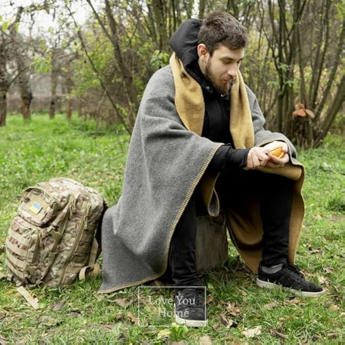 LYHome Travel Blanket - Extra Warm Picnic Throw, Bed Camping Outdoor Wool Blankets, Cozy Soft Throws, Military Army and Garden Outside Use (51x67 in | 130x170 cm | Mustard - Gray Double-sided)