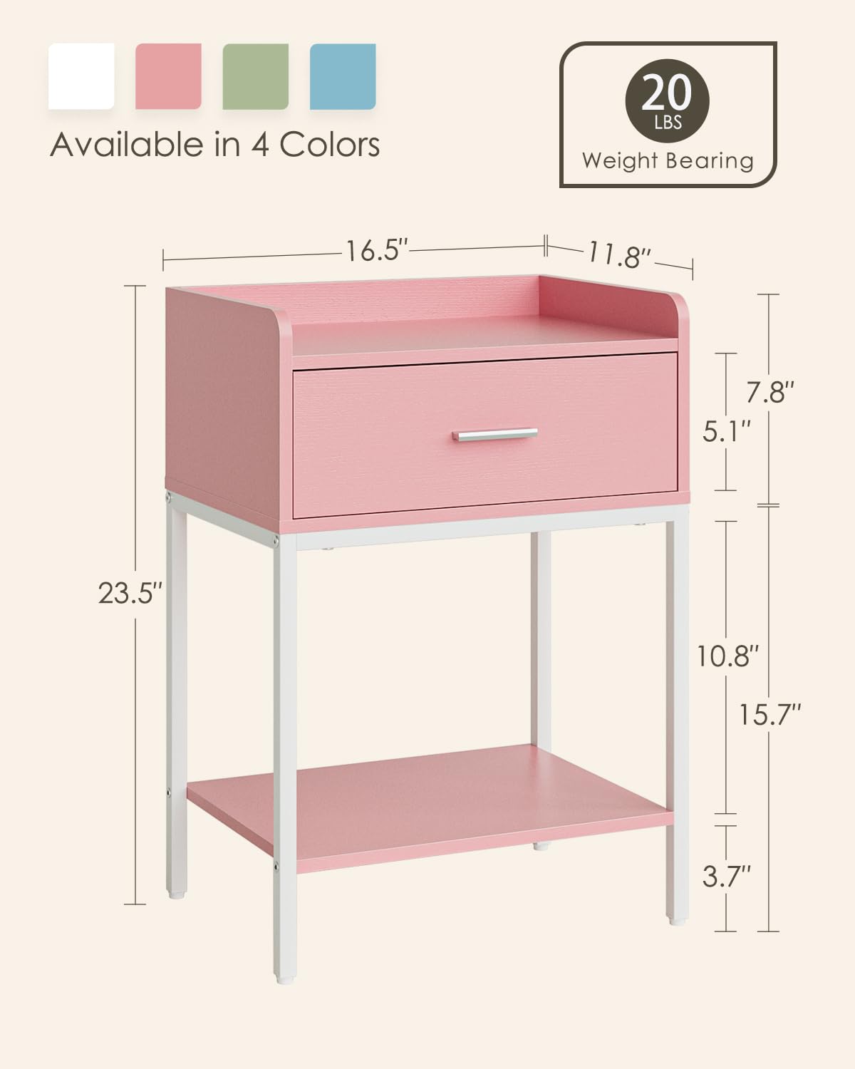 HEYZOEY Bedside Table, 3-tier Modern Bedside Table with Storage Drawer and Shelf, Small Side Table for Bedroom, Living Room, Pink