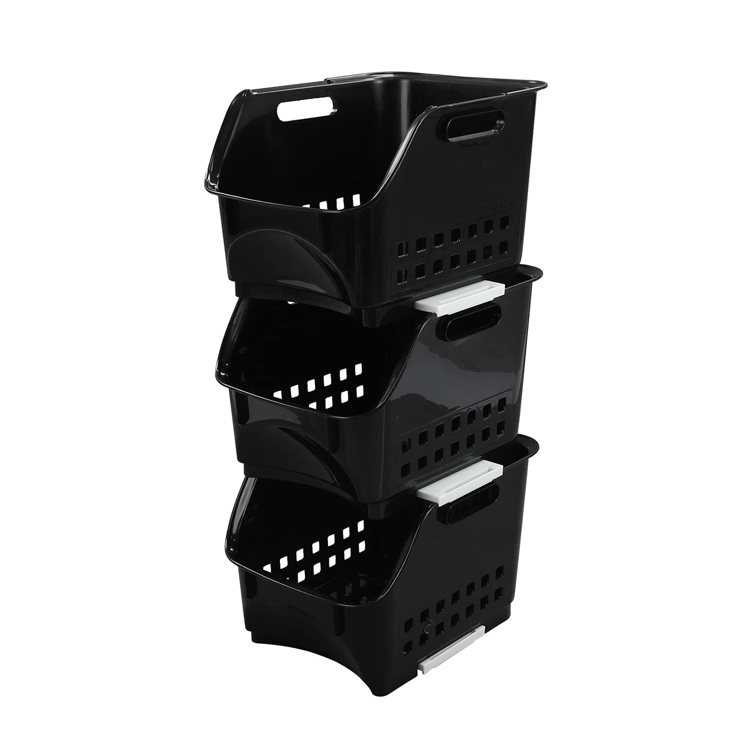 Morcte 3 Tier Stacking Baskets Storage Veg Rack Plastic Stackers, Black