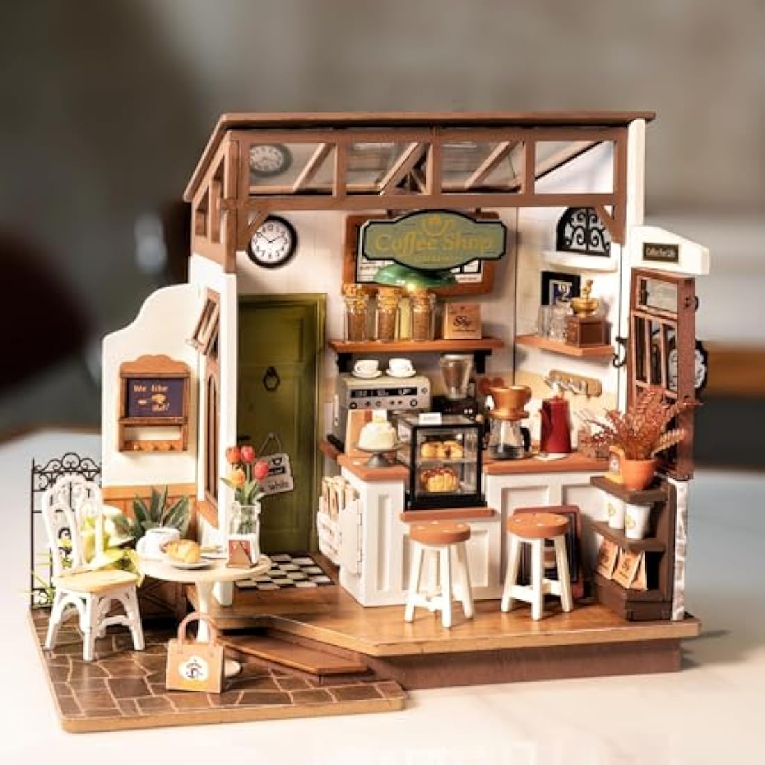 ROWOOD Doll House Kit Coffee House, DIY Miniature House Craft Building Room, Wooden Model Kits with Accessories for Adults and Teens to Build, for Christmas and Birthday