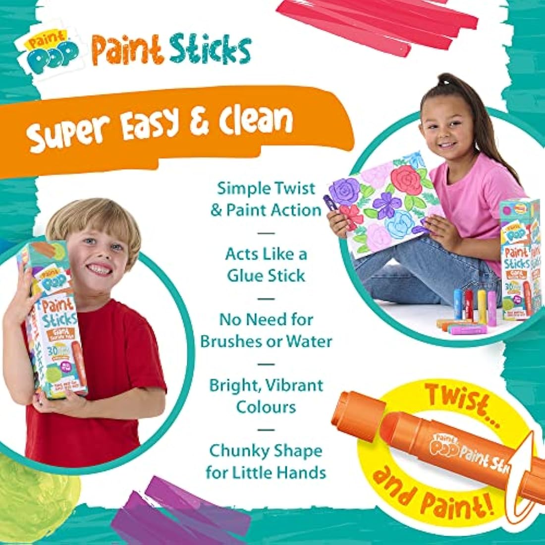 Paint Pop Paint Sticks For Kids - 30 Pack Assorted Colours & Giant Storage Tube - Twist & Paint, Mess-Free, Fast Drying Action, Easy Clean Up, Vibrant Colours, Multi-Surface,0.5 Liters