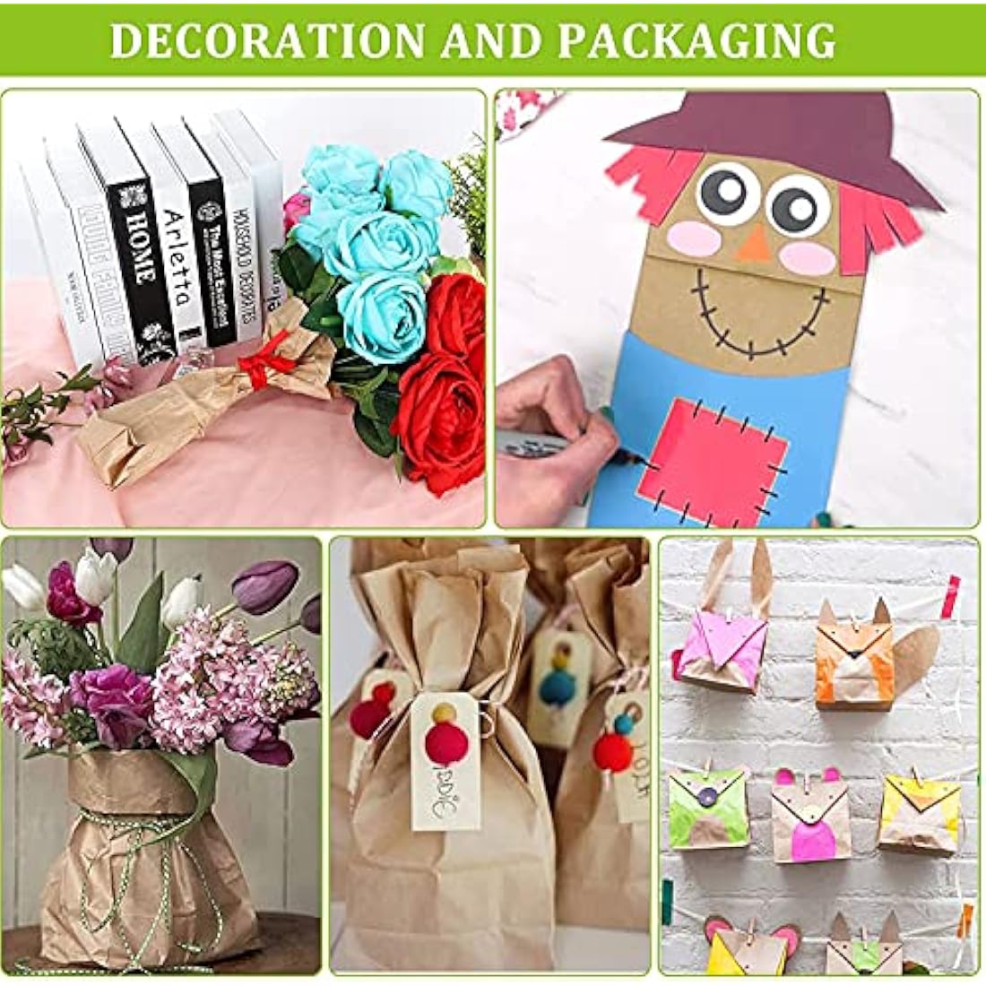 Gaoyong 100 Pieces Brown Paper Bags 12 x 7 x21.5 cm - 70 g./m2 with 100% Pure Kraft Paper for Grocery, Snack, Lunch, Birthday, Xmas Party Supplier and Wedding
