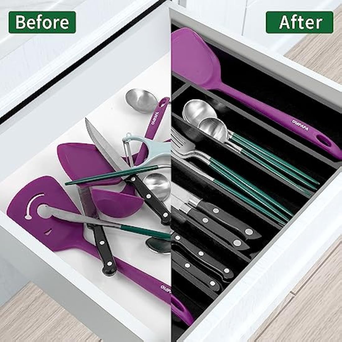 Utoplike Bamboo Cutlery Drawer Organiser Trays, Expandable Utensil Organiser, Adjustable Silverware and Flatware Holder, Drawer Dividers for Spoons Forks Knives in Kitchen, Bedroom, Large, Black