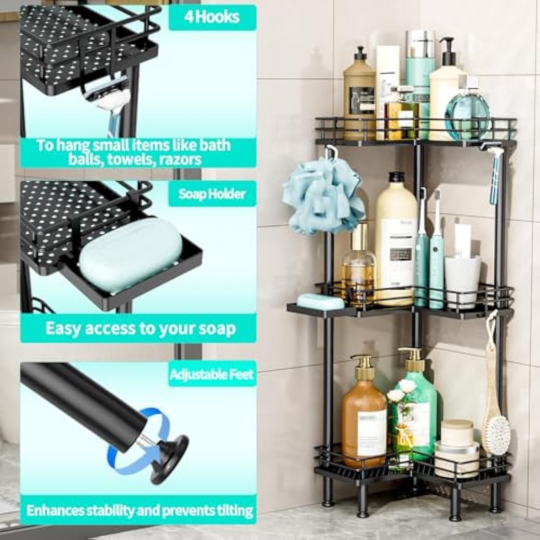 HapiRm Freestanding Shower Caddy Corner - 3 Tier Shower Storage with Soap Holder, Stainless Steel Corner Bathroom Storage with 4 Hooks for Shampoo, Tall Floor Bathroom Caddy Freestanding