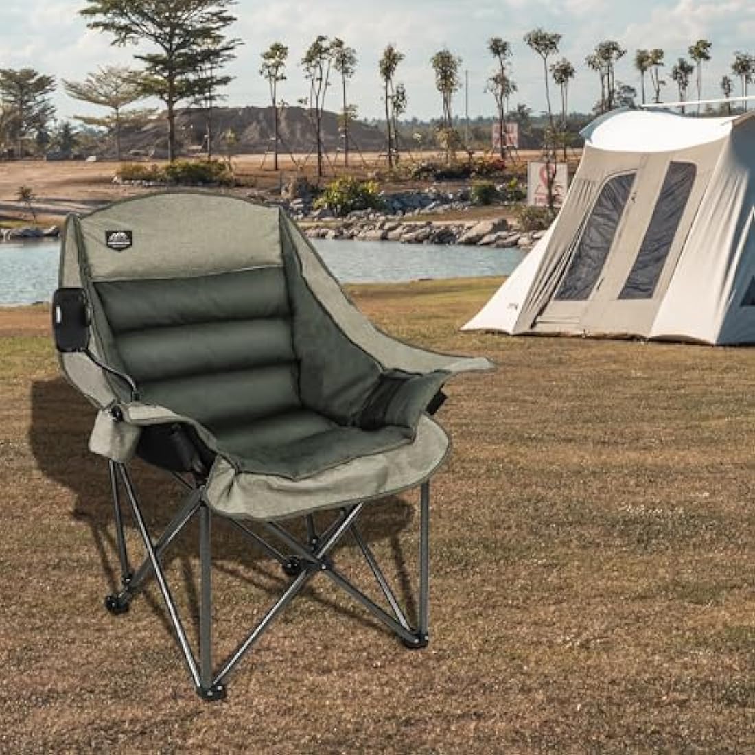 LANMOUNTAIN Oversized XL Folding Camping Chair, Heavy-Duty Support 400Lbs, Comfortable Adult Chair with Cup Holder, Phone Holder, Carry Bag, Perfect for Outdoor Activities (Brown)