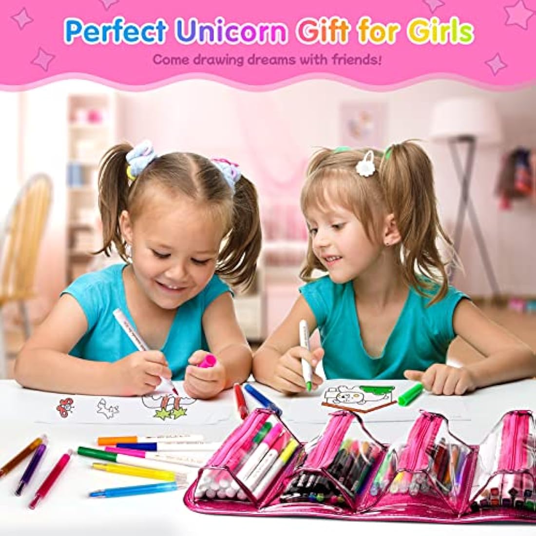Hot Bee Unicorn Gifts for Girls 4 5 6 7, Unicorn Pencil Case Stationary Sets, Girl Toys Age 4-7, Drawing Colouring Set for Kids, Art and Crafts for Kids 4-6, Birthday Presents for Girls