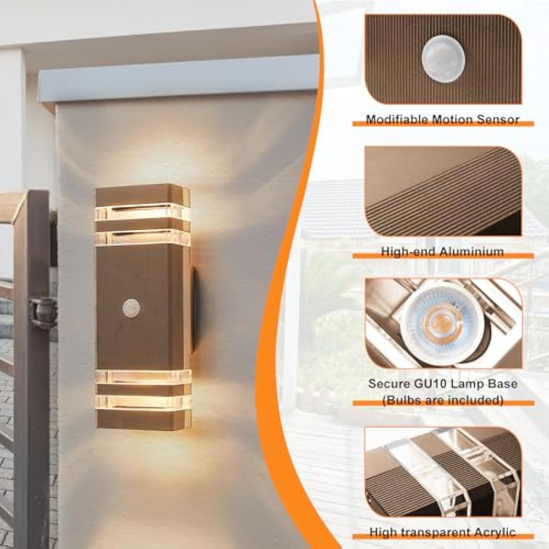 CELAVY Up Down Outside Lights with Motion Sensor, PIR Outdoor Wall Light Mains Powered, IP65 Front Door Porch Light Electric, Security GU10 LED External Exterior Lamp Wall Mounted for House, Brown
