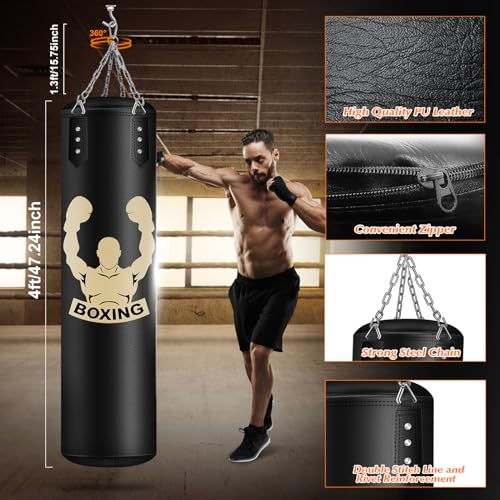 YORWHIN Heavy Punch Bag Set, 4FT Unfilled Kicking Bag, Reflex Ball, MMA Gloves, Wristband, Boxing Training Equipment for Adults, Karate, Kickboxing,